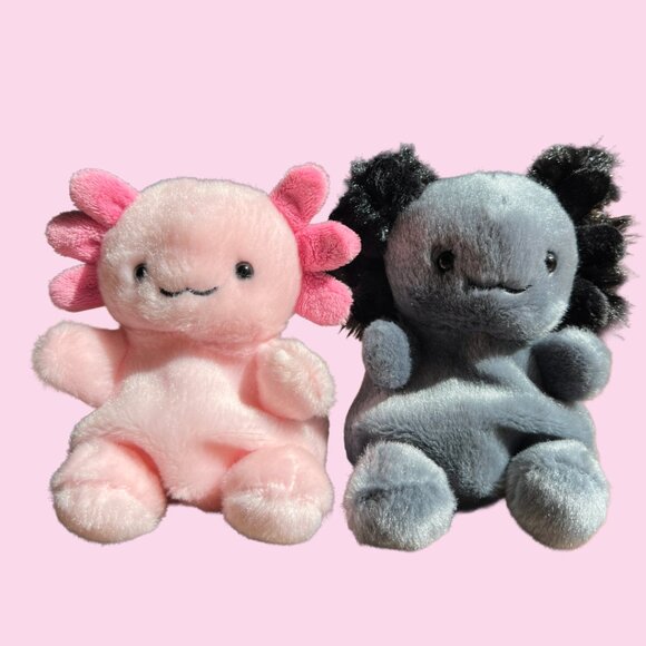 Set of 2 Pink & Black Axolotl Palm Pals 5" Stuffed Animal Plush, Aurora - Picture 1 of 6